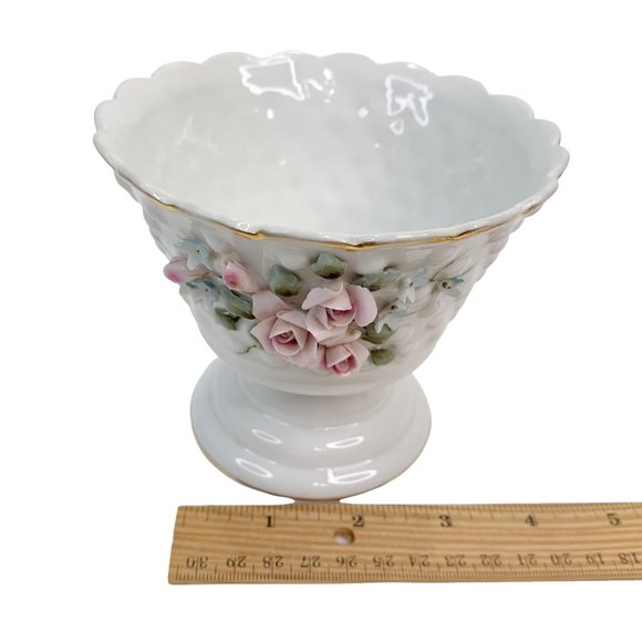 Vintage Lefton Candy Dish Compote Pedestal Rose Hobnail Scalloped Porcelain - Picture 5 of 10